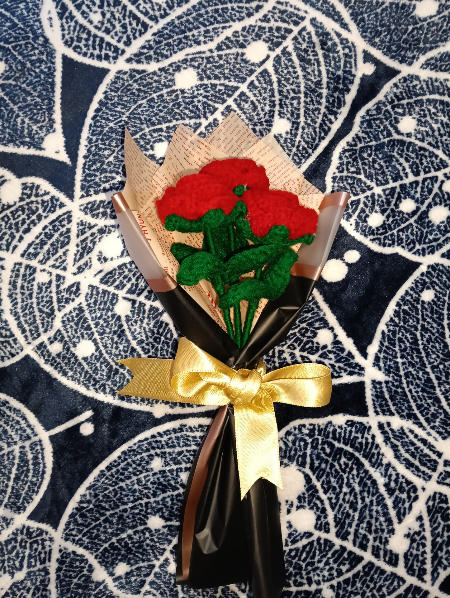 Three Red Rose Bouquet with long-lasting, handmade Crosia flowers that never wilt.