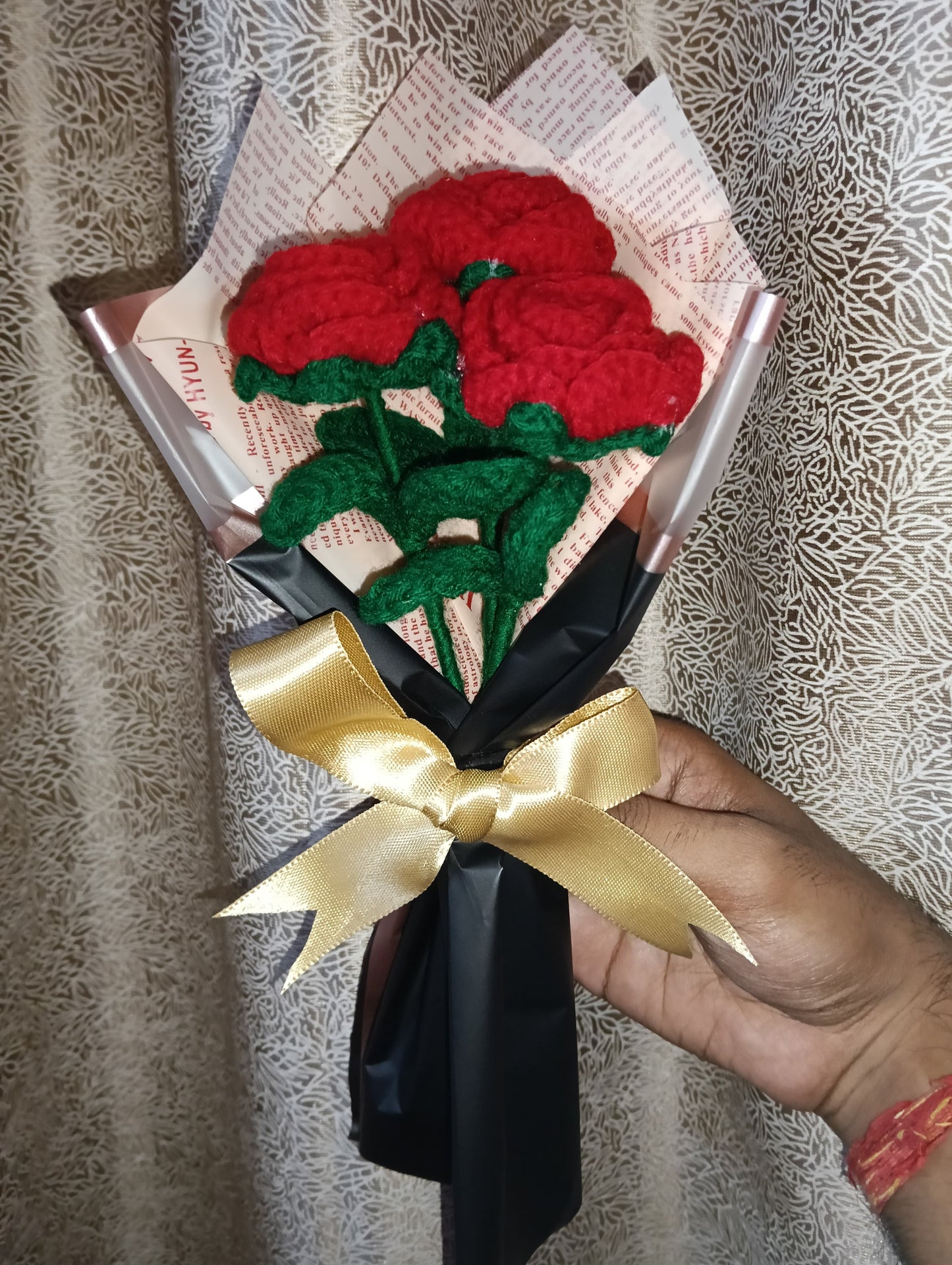 Three Red Rose Bouquet with long-lasting, handmade Crosia flowers that never wilt.