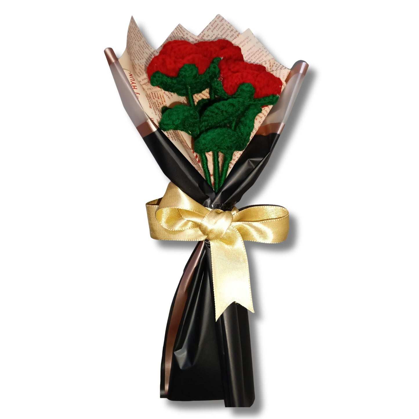 Three Red Rose Bouquet with long-lasting, handmade Crosia flowers that never wilt.