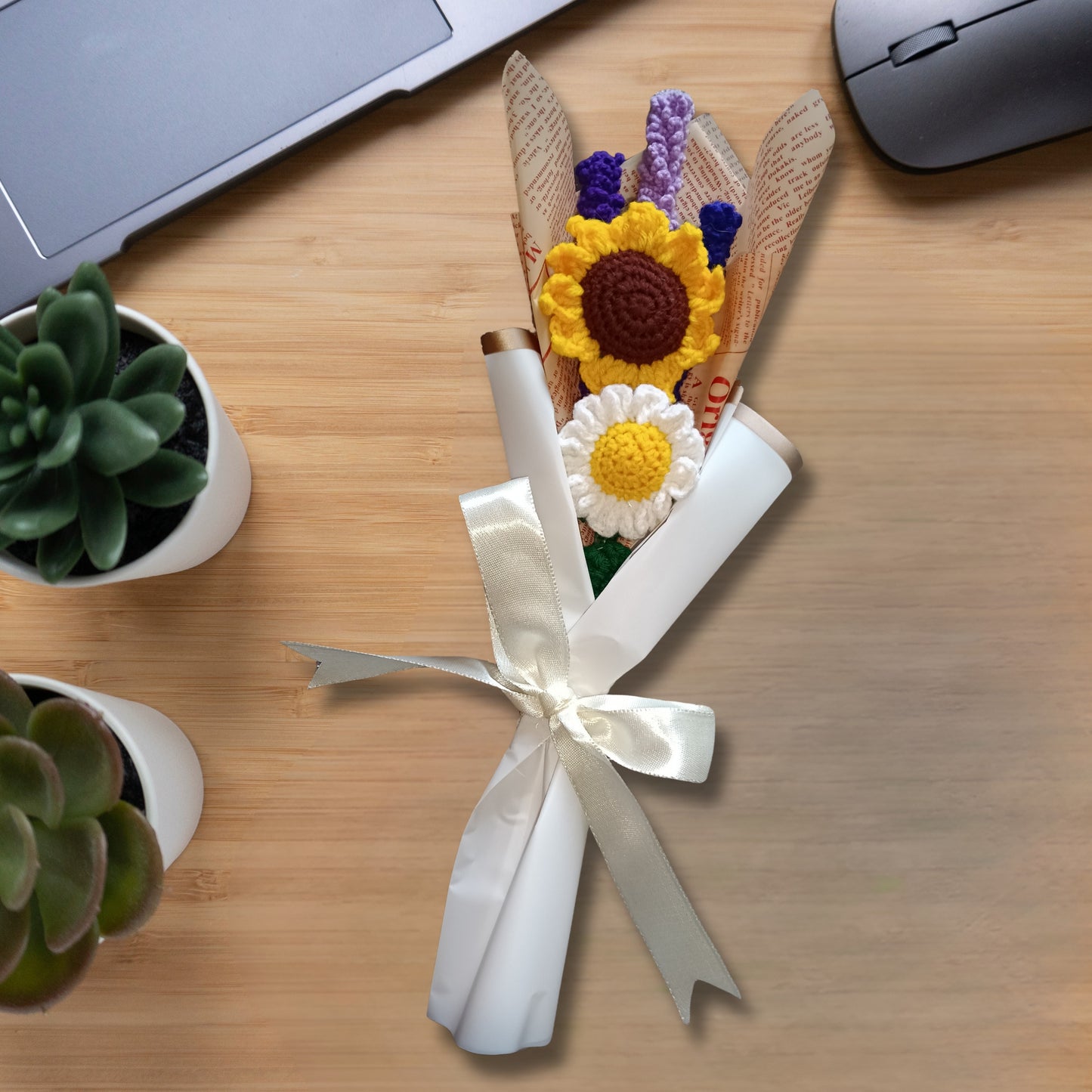 Crochet Flower Bouquet – 3 Lavender, 2 Sunflowers (Handmade, Non-Wilt)