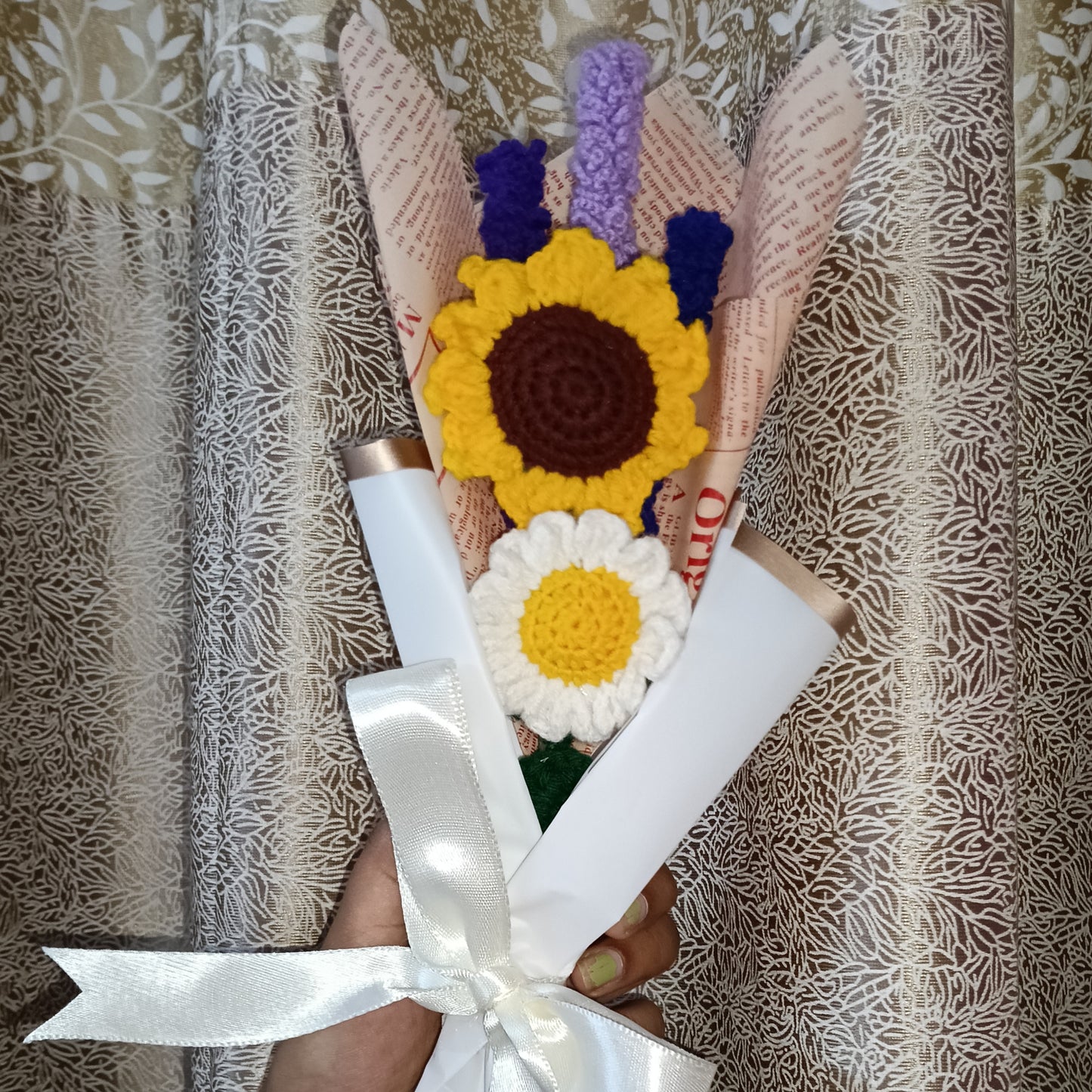 Crochet Flower Bouquet – 3 Lavender, 2 Sunflowers (Handmade, Non-Wilt)