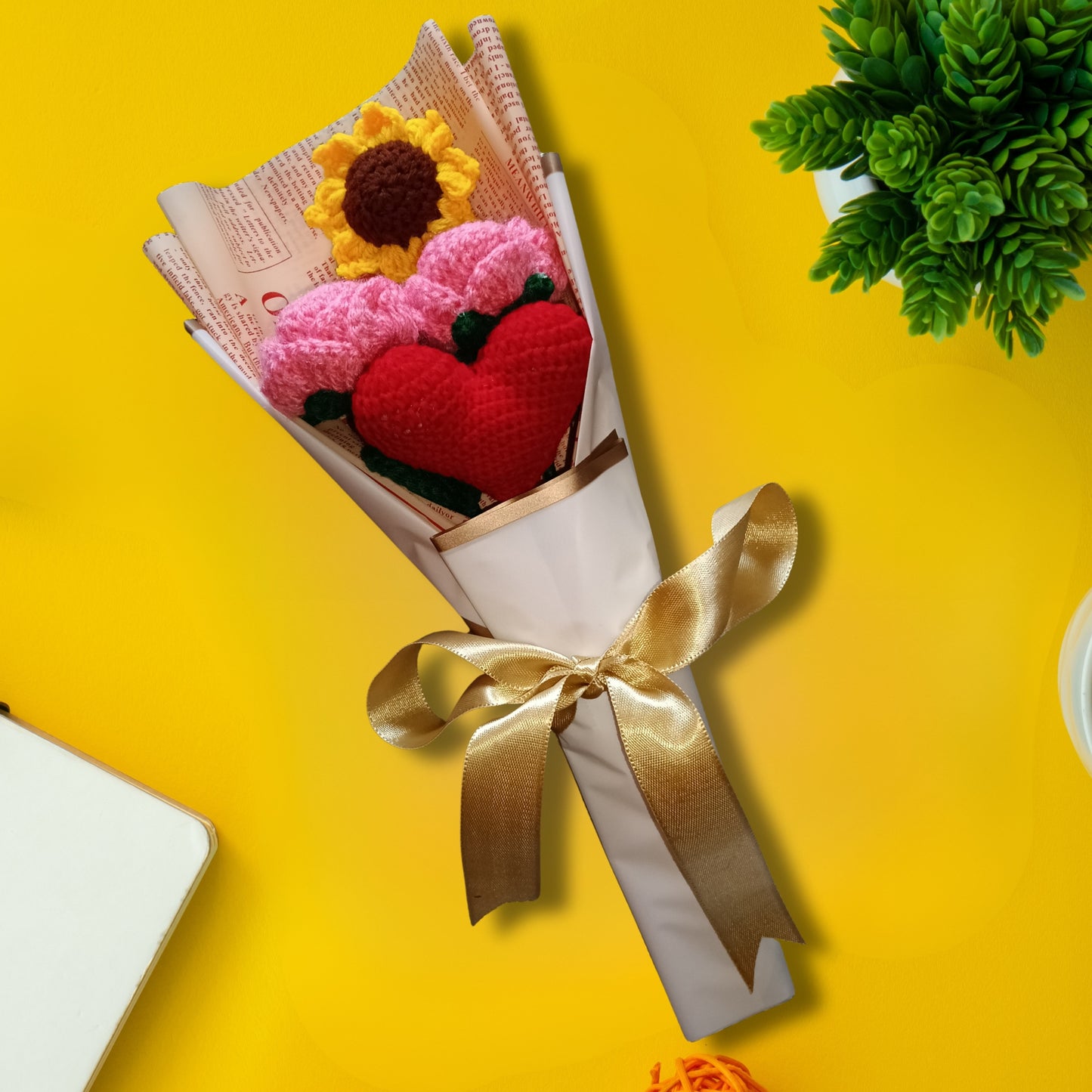 Sun-Kissed Love – Pink Roses, Sunflower & Heart Crochet Bouquet