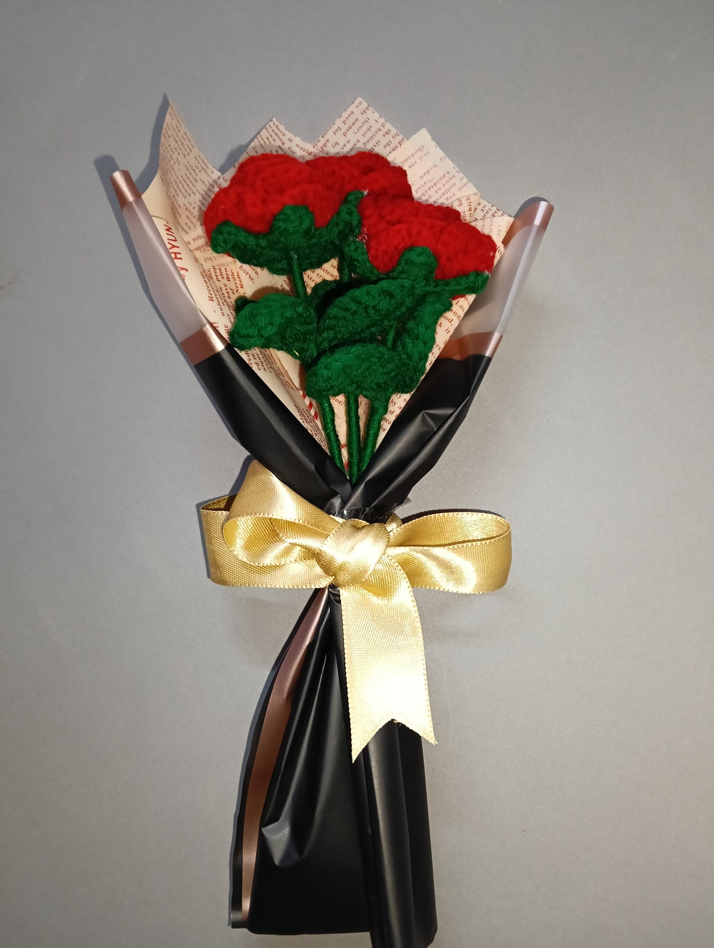 Three Red Rose Bouquet with long-lasting, handmade Crosia flowers that never wilt.