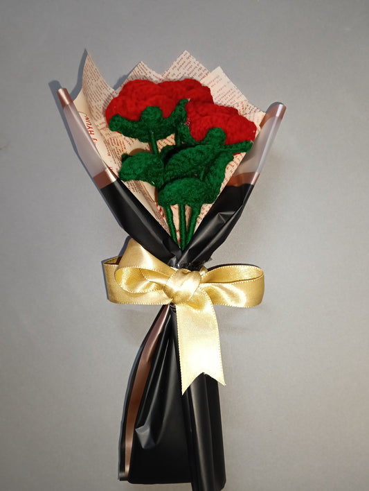 Three Red Rose Bouquet with long-lasting, handmade Crosia flowers that never wilt.