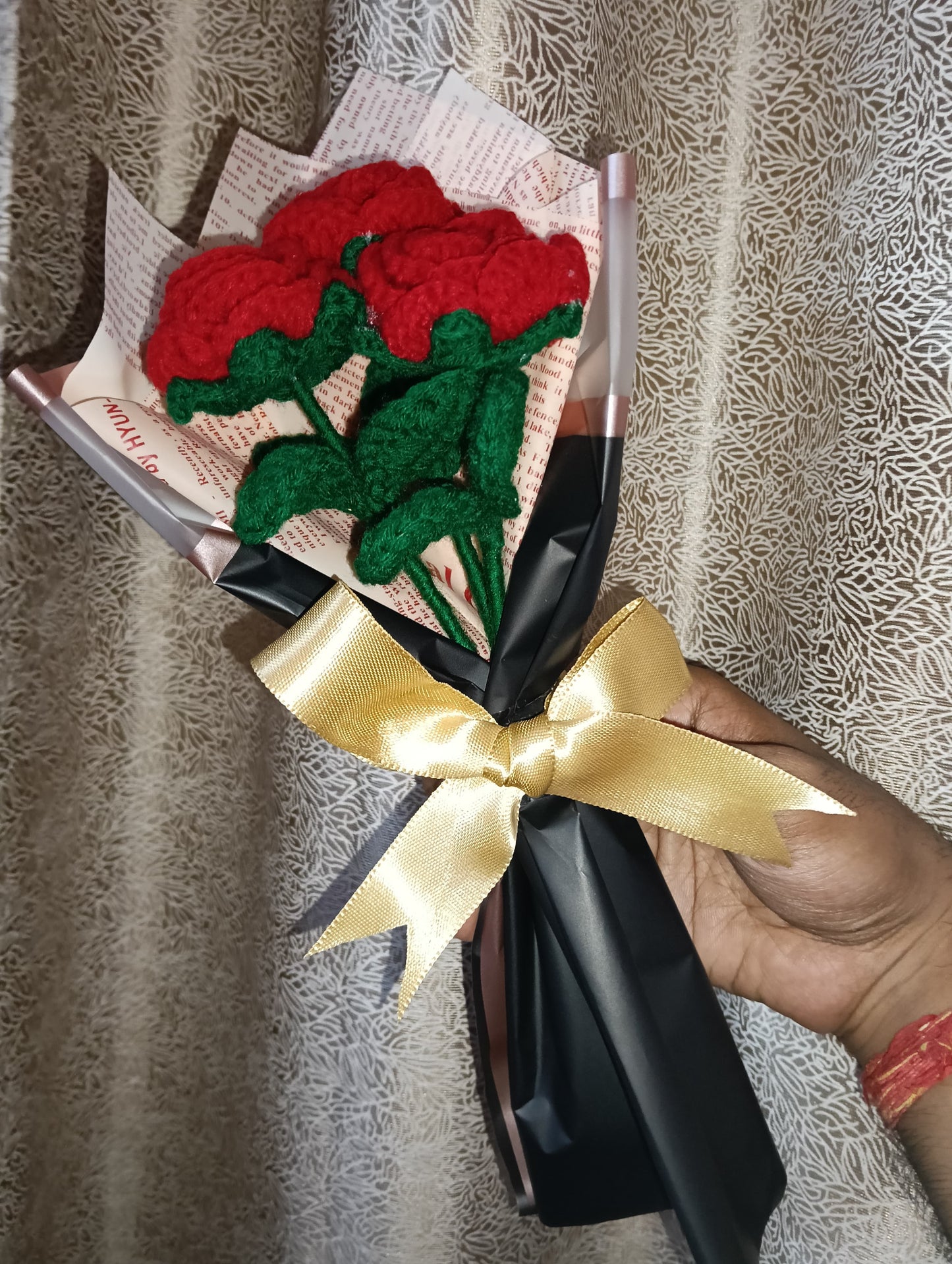 Three Red Rose Bouquet with long-lasting, handmade Crosia flowers that never wilt.
