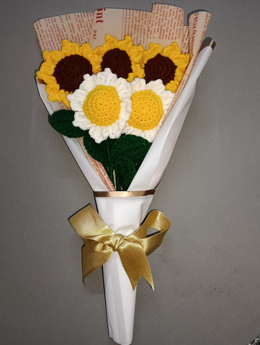 A lovely bouquet of three yellow sunflowers and two white sunflowers, symbolizing happiness, warmth, and peace. Handmade Crosia flowers that never wilt — a perfect gift to brighten someone’s day.