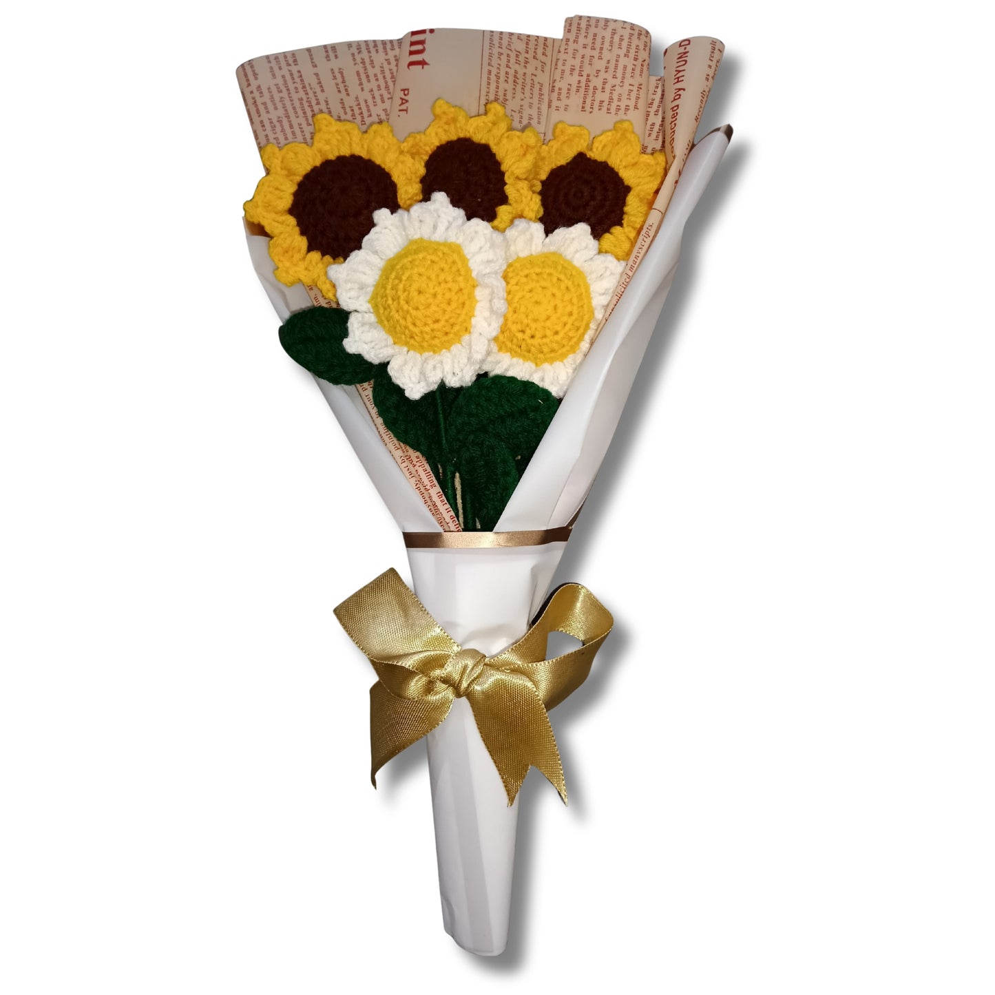 A lovely bouquet of three yellow sunflowers and two white sunflowers, symbolizing happiness, warmth, and peace. Handmade Crosia flowers that never wilt — a perfect gift to brighten someone’s day.