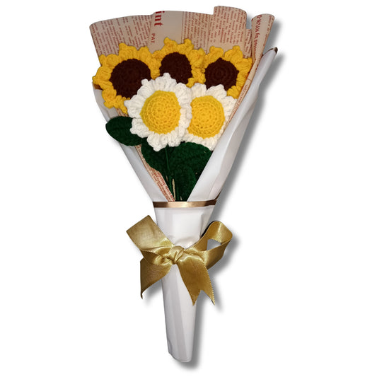 A lovely bouquet of three yellow sunflowers and two white sunflowers, symbolizing happiness, warmth, and peace. Handmade Crosia flowers that never wilt — a perfect gift to brighten someone’s day.