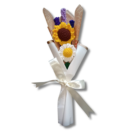 Crochet Flower Bouquet – 3 Lavender, 2 Sunflowers (Handmade, Non-Wilt)