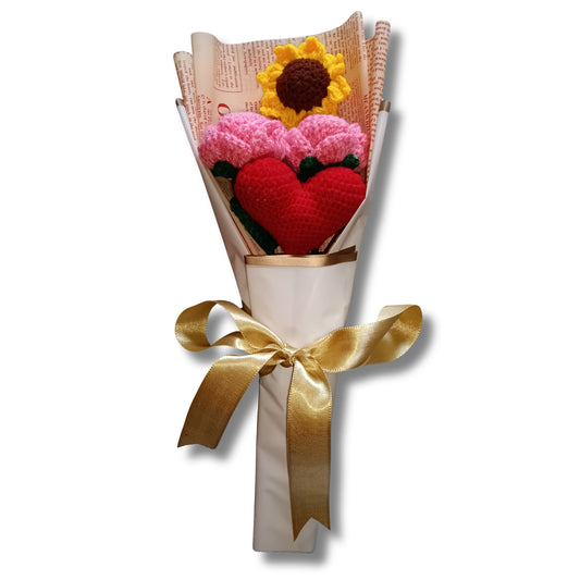 Sun-Kissed Love – Pink Roses, Sunflower & Heart Crochet Bouquet